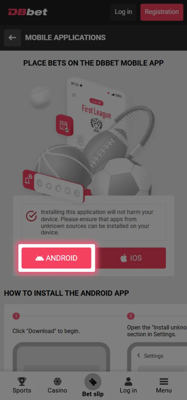 Start the download process and allow the DBbet app to install.