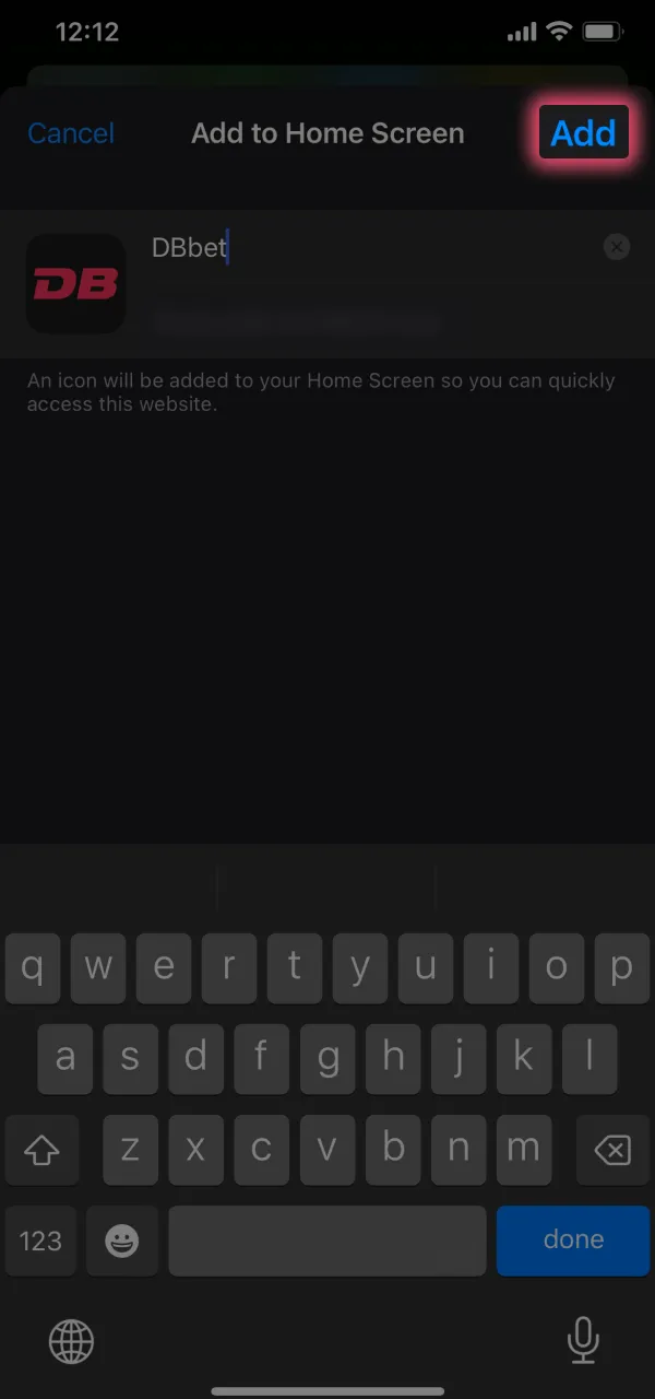 Confirm adding DBbet to your home screen.