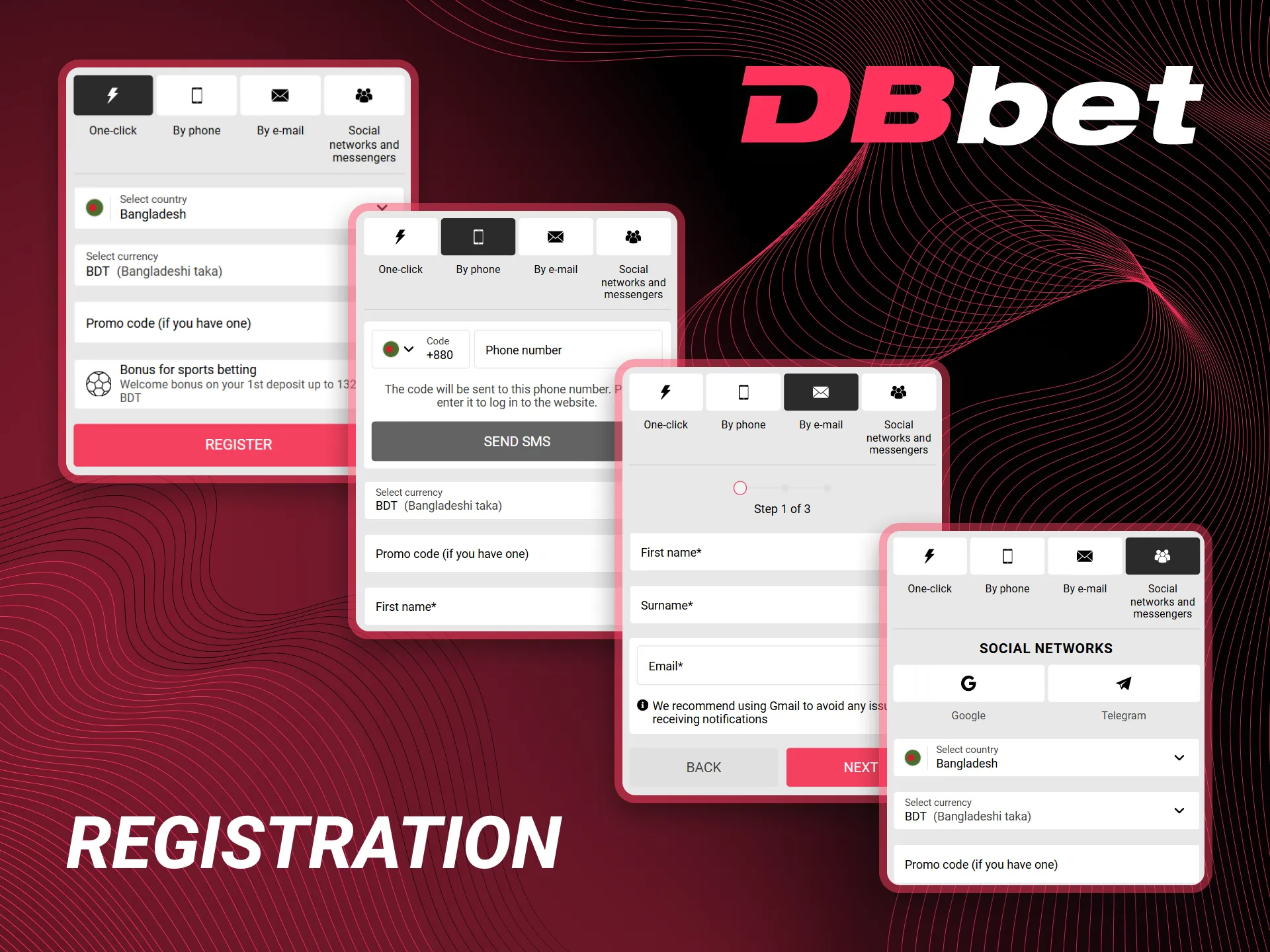 The procedure for signing up using the DBbet application.