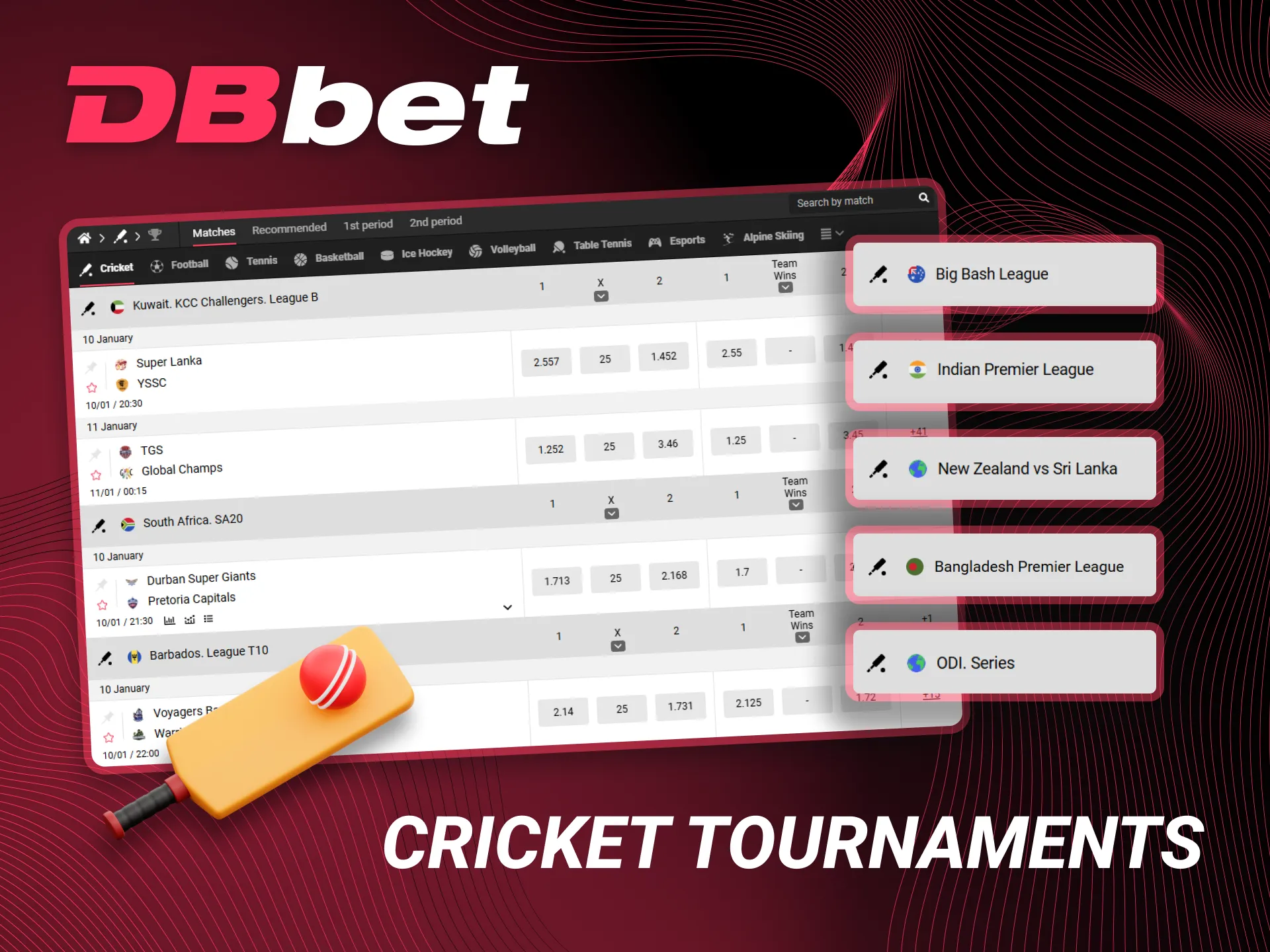 Place bets on popular cricket tournaments on DBbet.