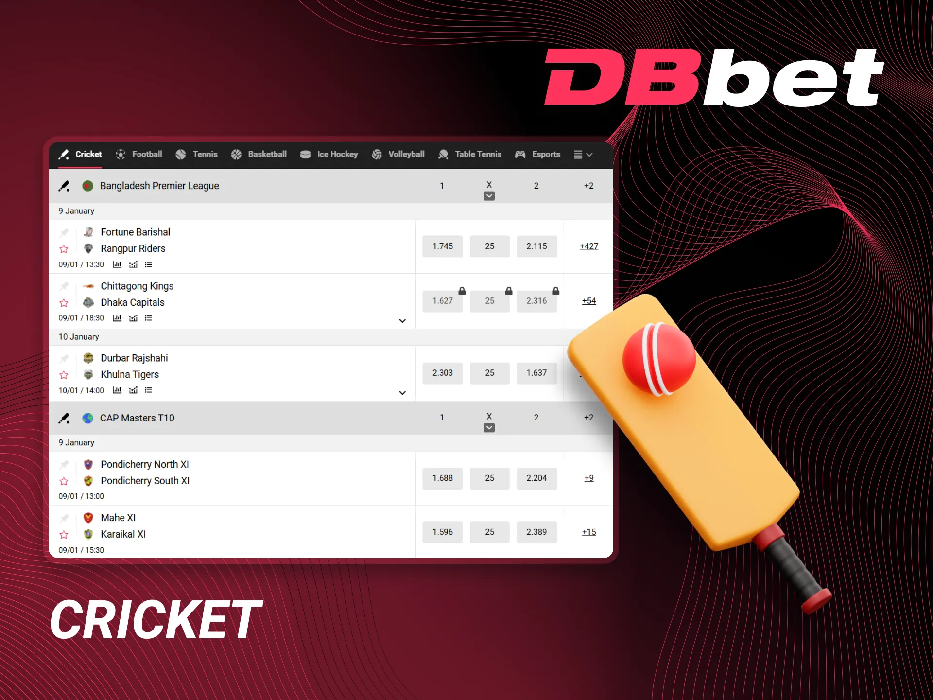 Users can wager on cricket matches on the DBbet platform.