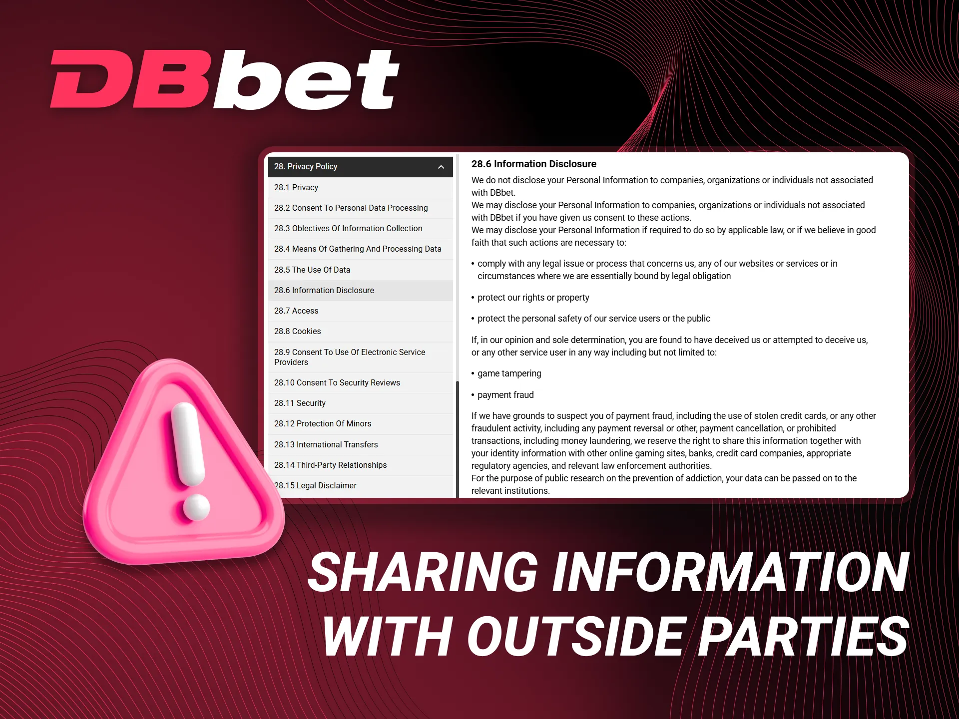 Disclosing information to external entities on the DBbet platform.