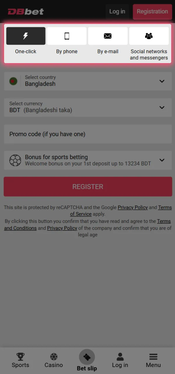 Select the method for registering on DBbet.