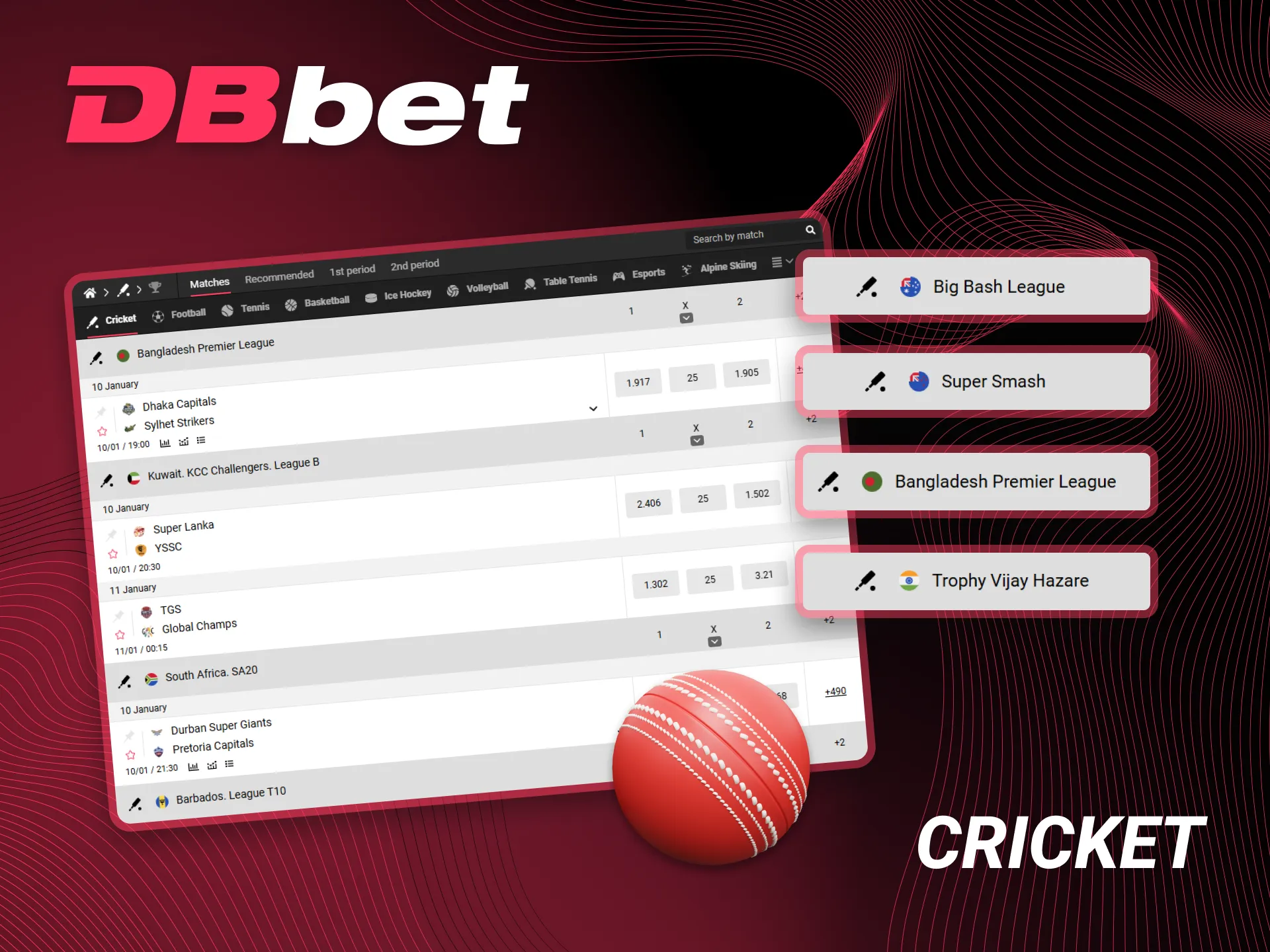 Cricket is a great option for betting on the DBbet platform.