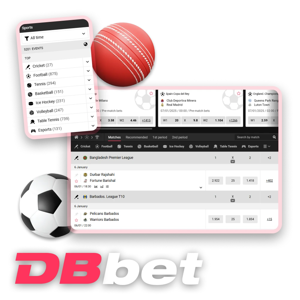 Popular sports are available for betting on the DBbet platform.