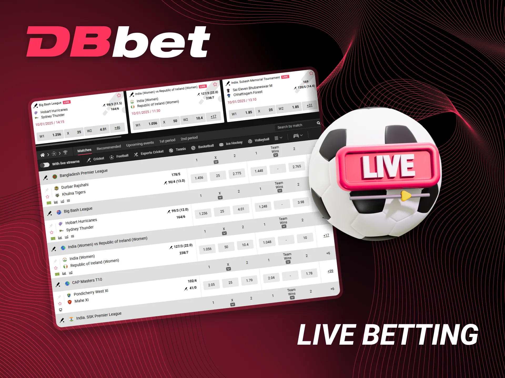 On the DBbet website you can also bet online on different sports in real time.