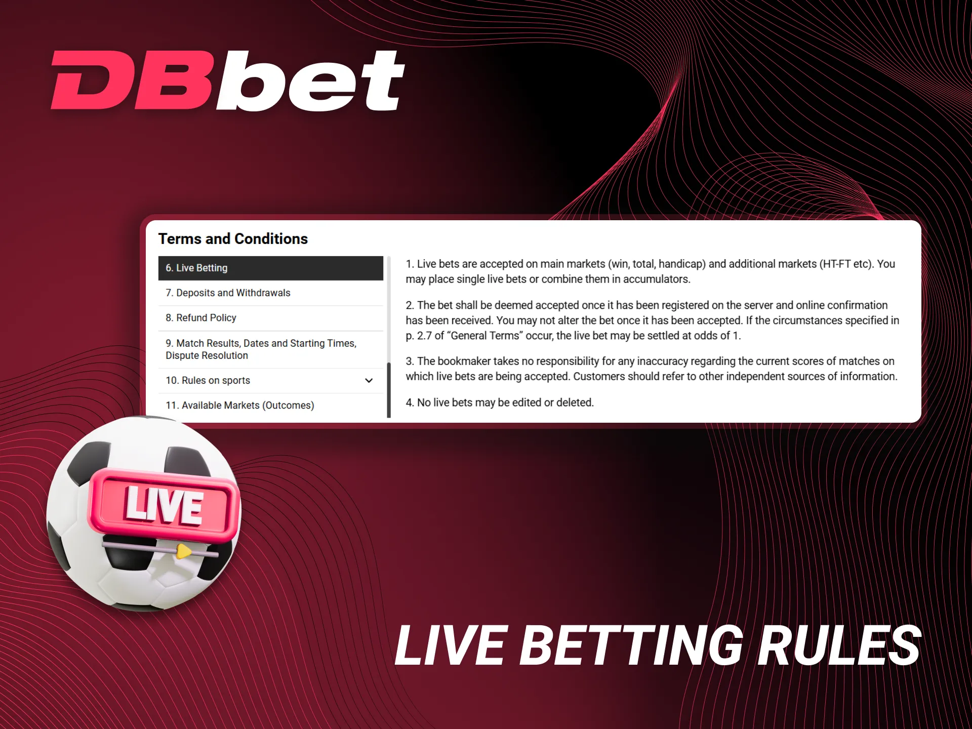 The regulations for live betting on the DBbet website.