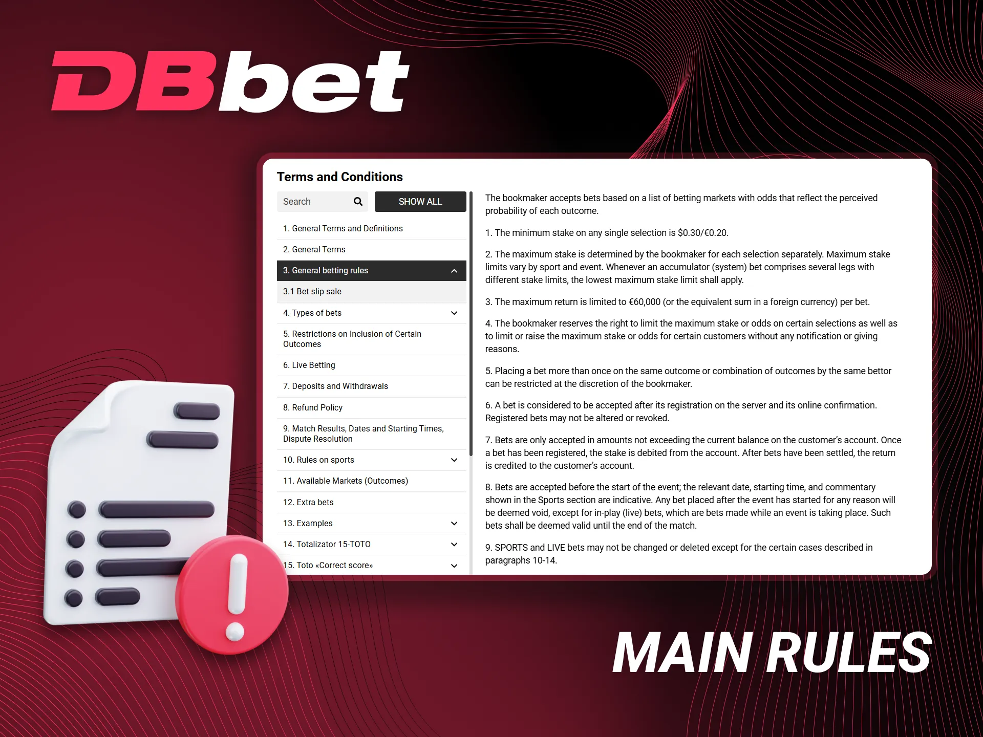 The fundamental guidelines for accepting bets on the DBbet website.