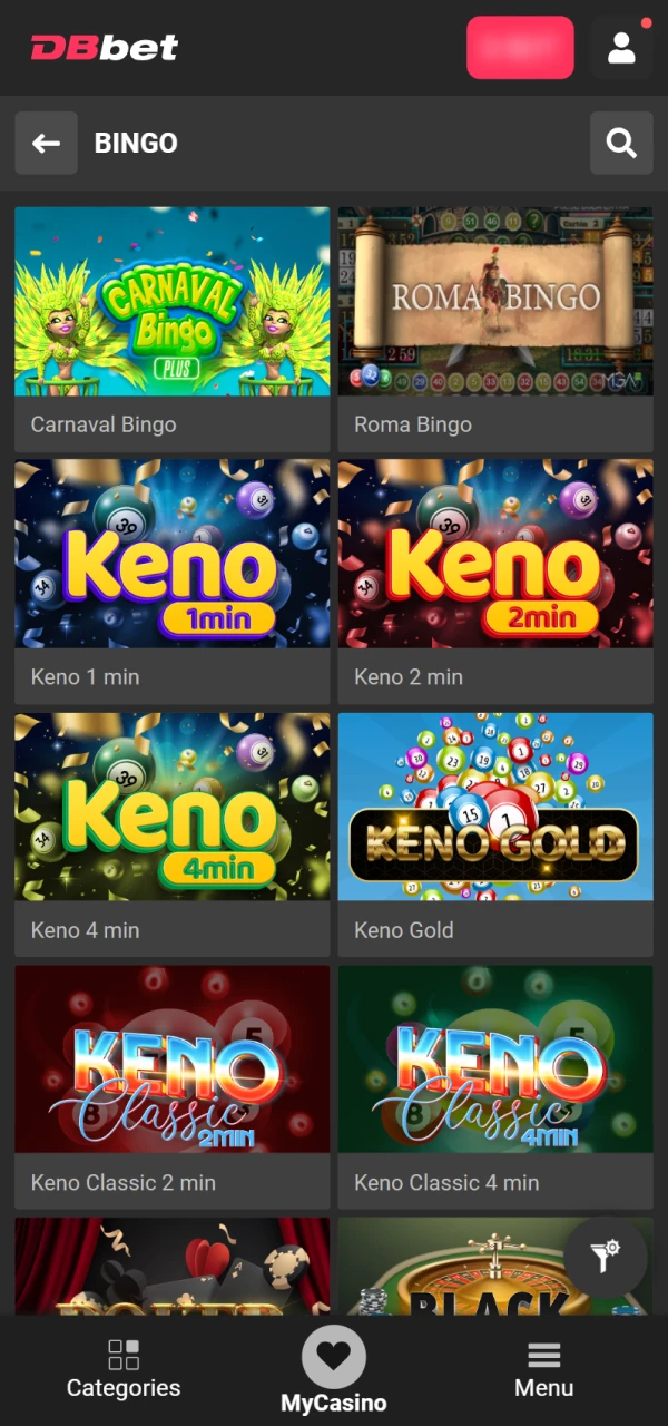 Select a bingo game and start playing on Dbbet.