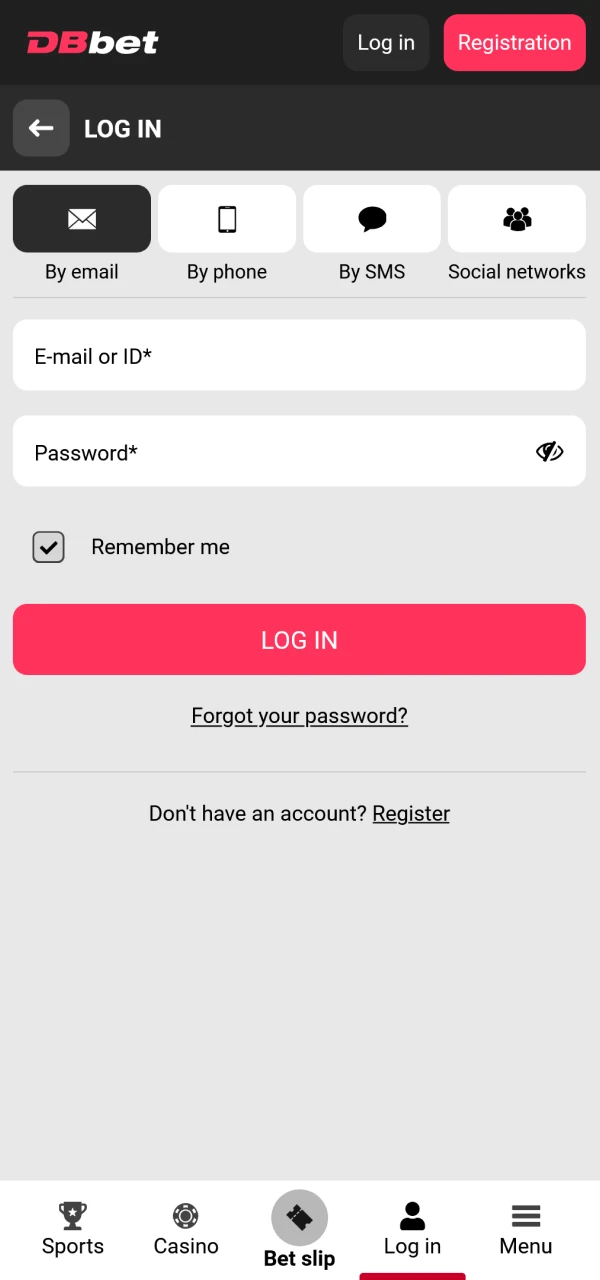 Sign in to your DBbet account to place football bets.