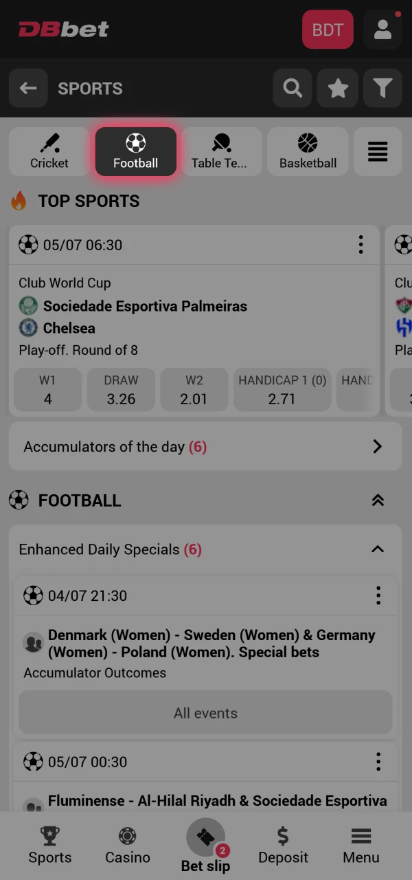 Go to the football section of DBet to select an event to bet on.