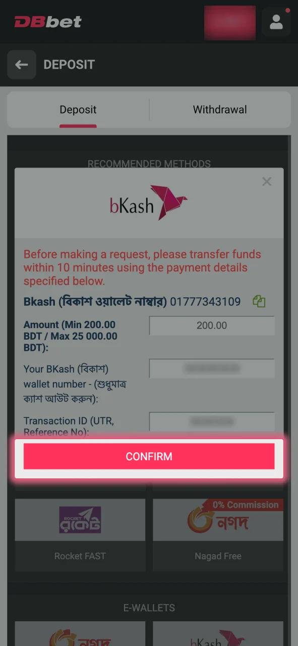 Confirm your transaction and verify details at DBbet.